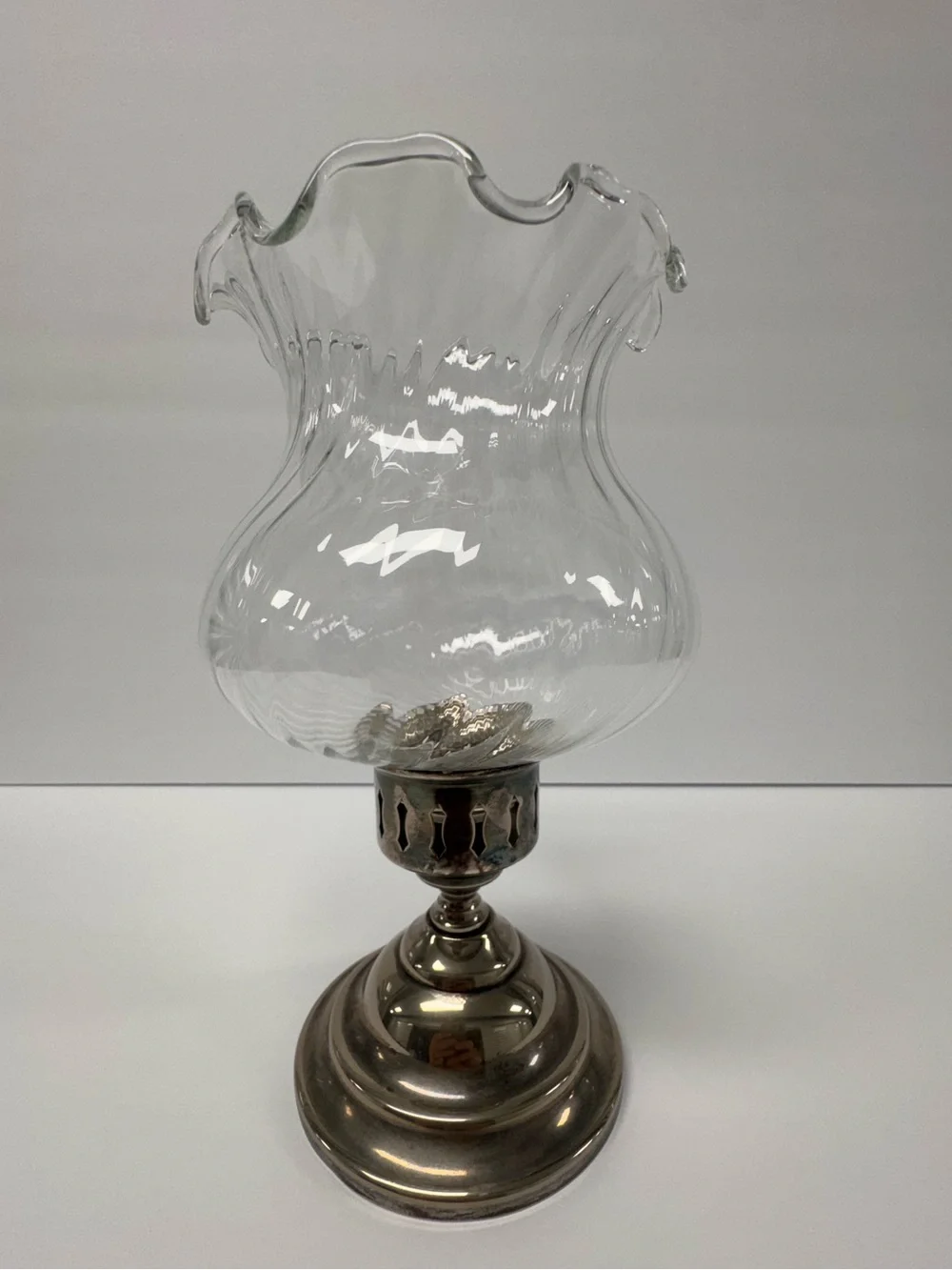 Towle Classic Clear Glass Hurricane Lamp with Silver Plated Base